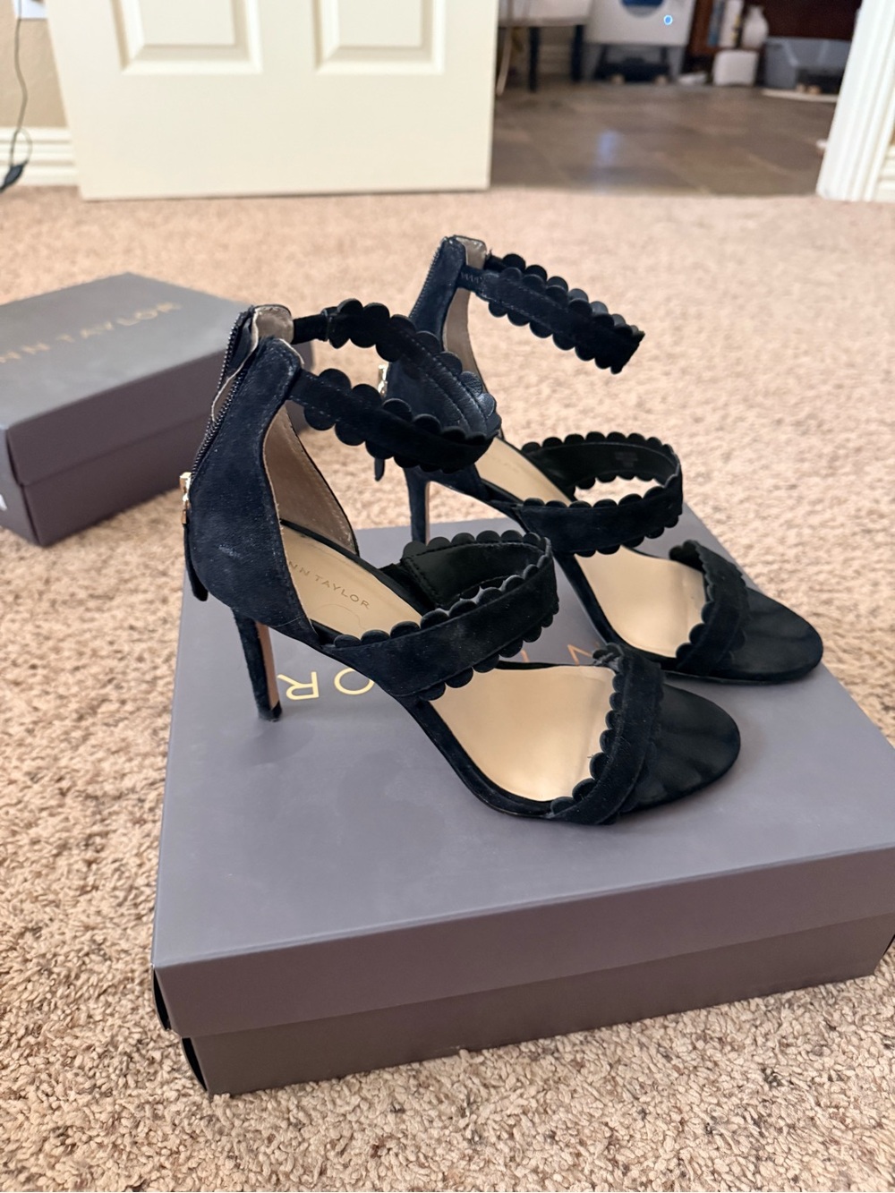 Ann Taylor Black Scalloped Suede Strappy High Heels
